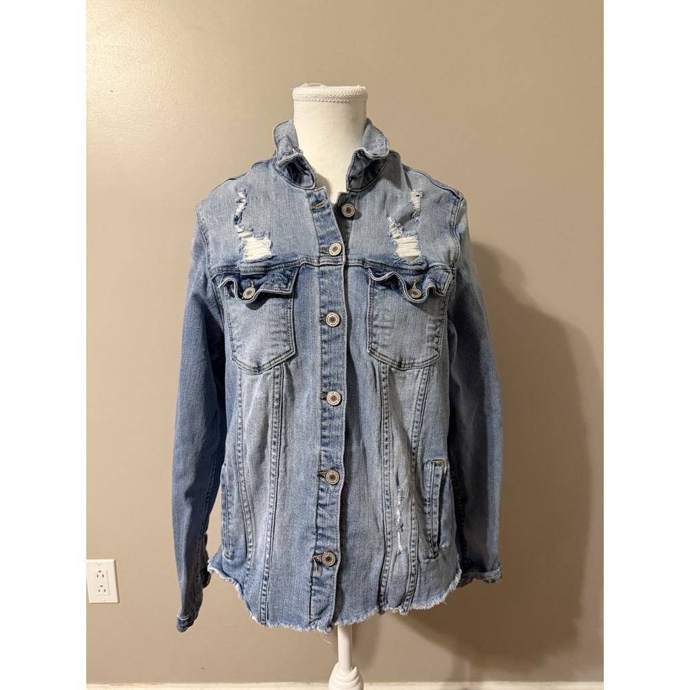 KanCan Distressed Lightwash Blue Jean Jacket Stretchy Women Size 1XL CUTE!!